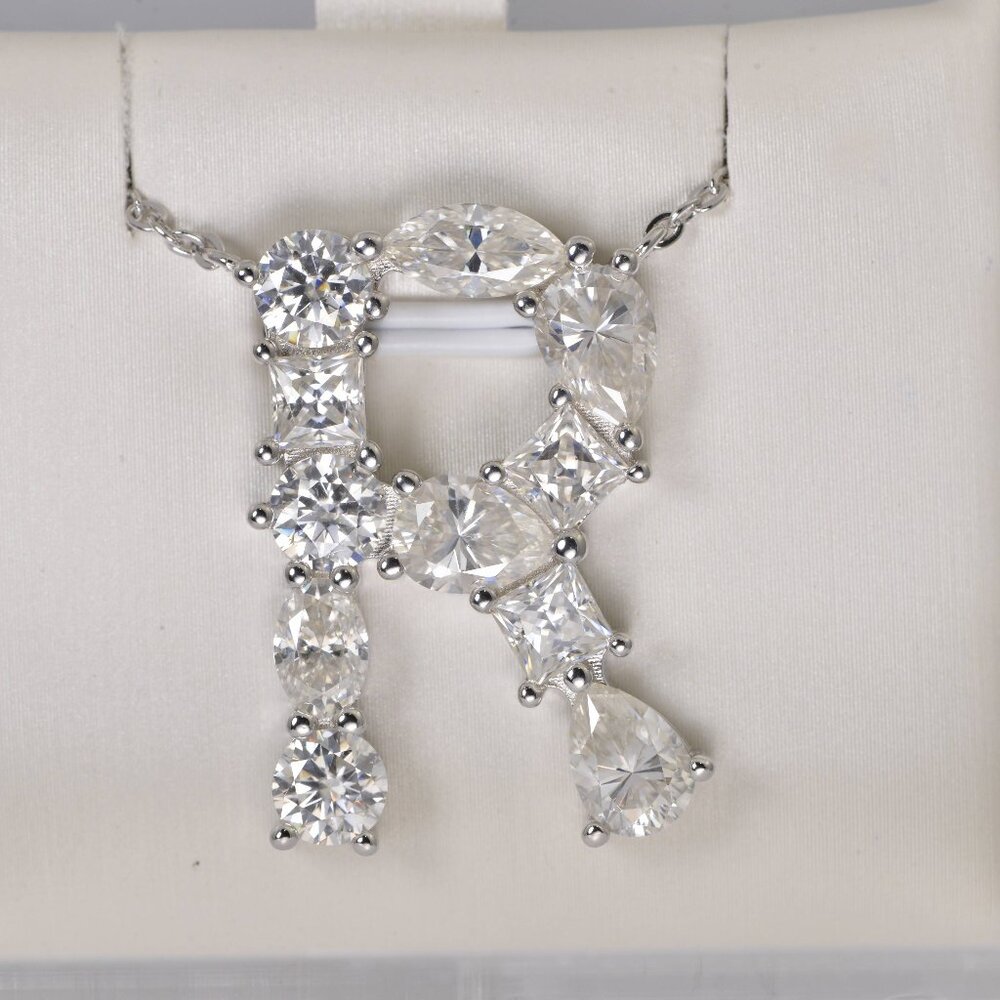 Real Moissanite "R" Diamond all Moissanite Initial Pendant 925 Sterling Silver